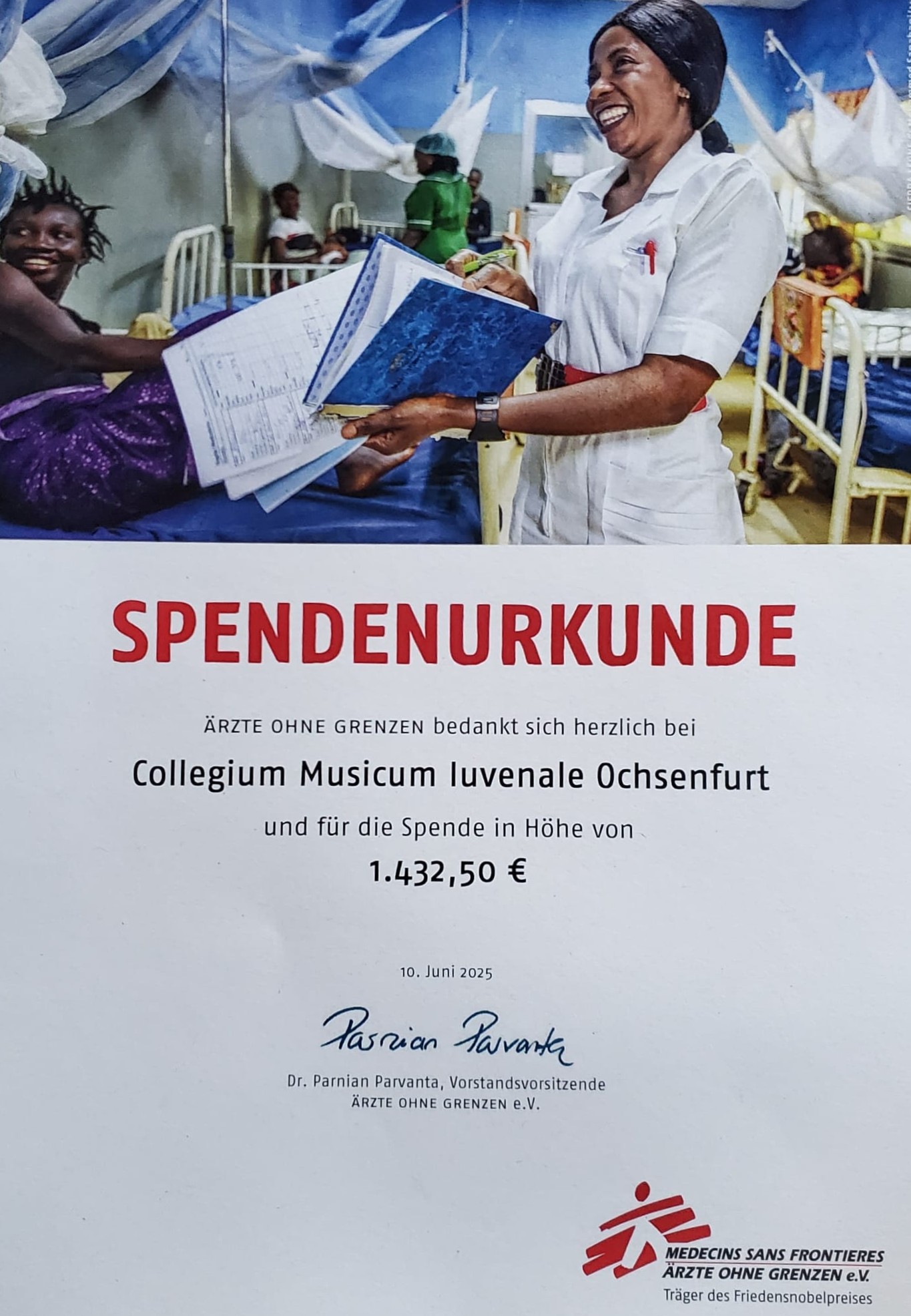 Spendenübergabe an Ärzte ohne Grenzen durch Collegium Musicum Iuvenale Ochsenfurt